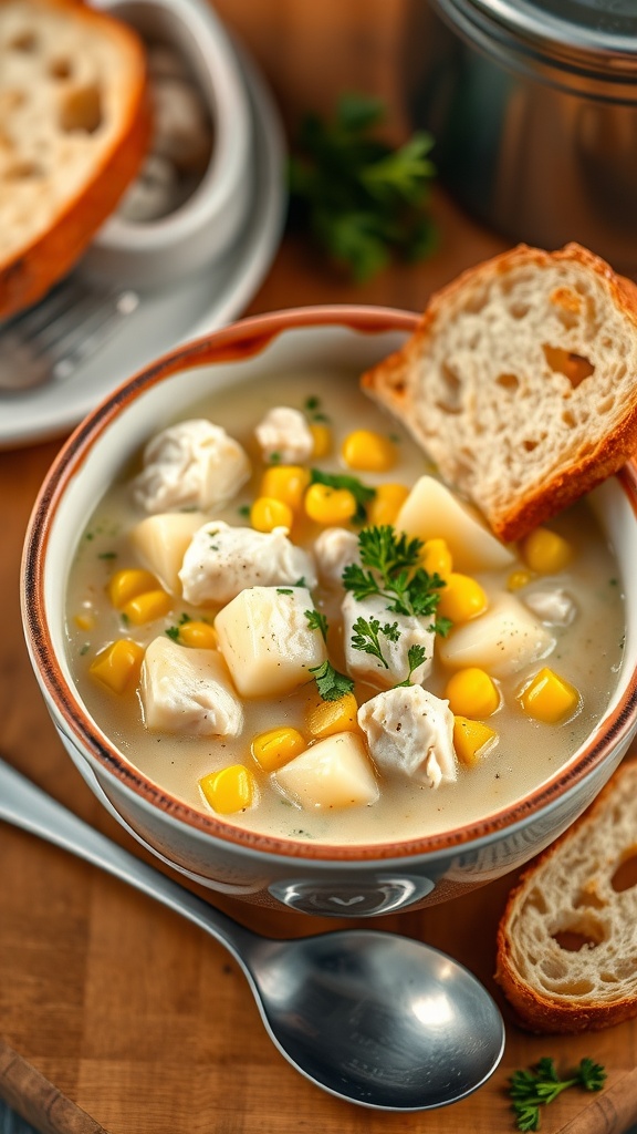 A hearty bowl of cod chowder with corn and potatoes, garnished with parsley, on a rustic table with bread.